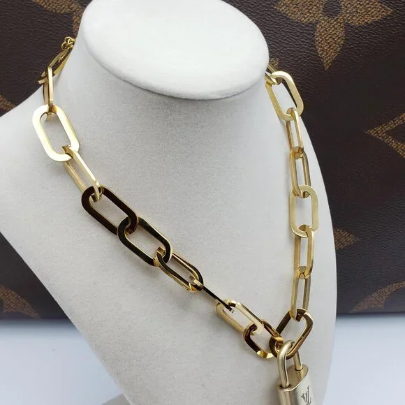 Authentic Louis Vuitton GoldPadlock w/Unbranded Stainless Steel Paper Clip Chain - Picture 4 of 13